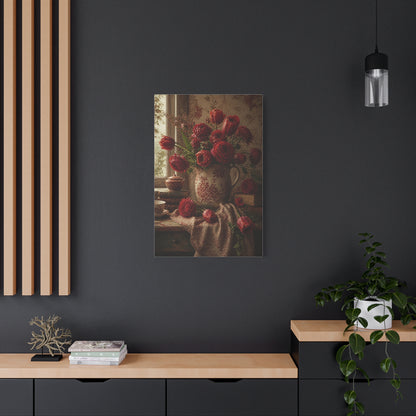 English Cottage Red Floral Still Life Wall Art & Canvas Print