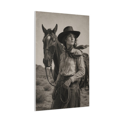 Black & White Cowgirl Portrait with Horse Wall Art & Canvas Print