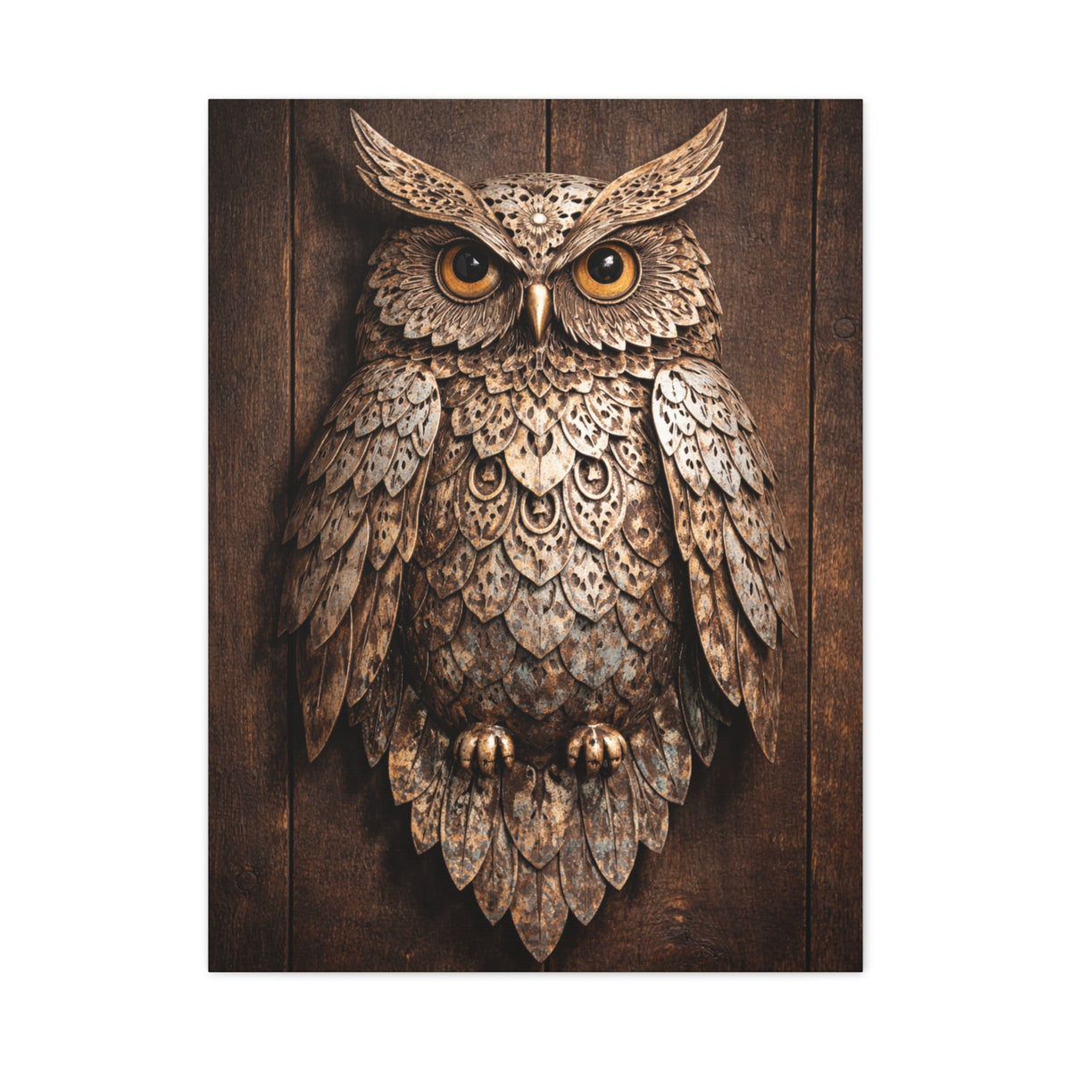Rustic Metal Owl Sculpture Wall Art & Canvas Print
