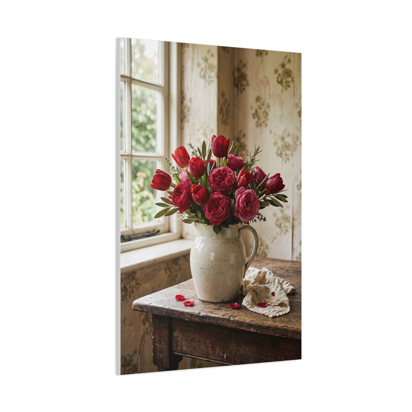 English Cottage Red Tulip Still Life Wall Art & Canvas Print