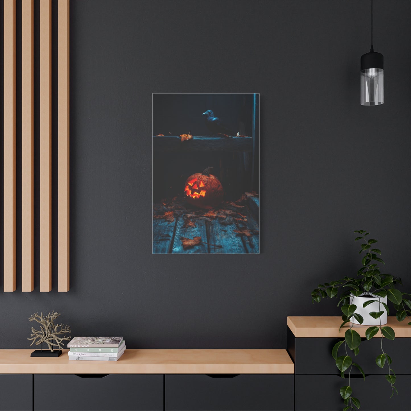 Jack-O’-Lantern and Crow on Moonlit Porch Wall Art & Canvas Print
