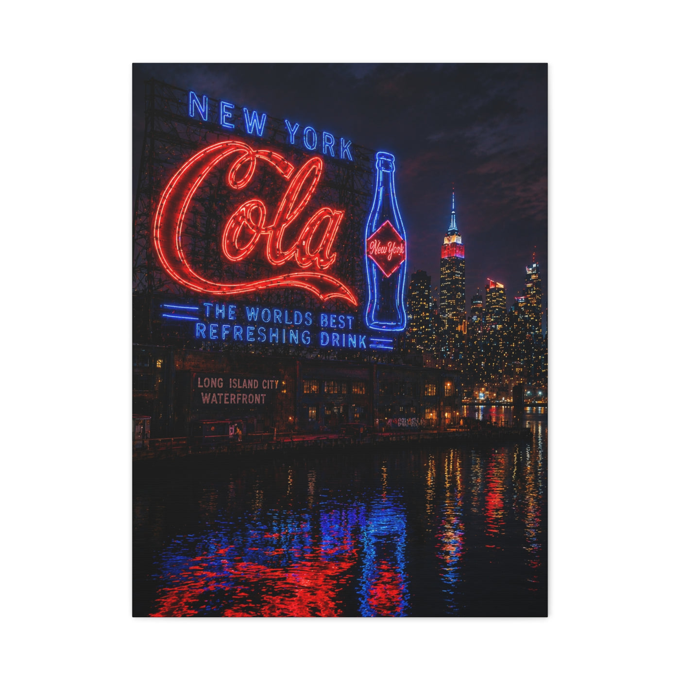 Neon Waterfront Skyline Cola Sign Wall Art & Canvas Print