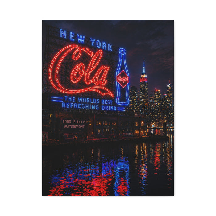 Neon Waterfront Skyline Cola Sign Wall Art & Canvas Print
