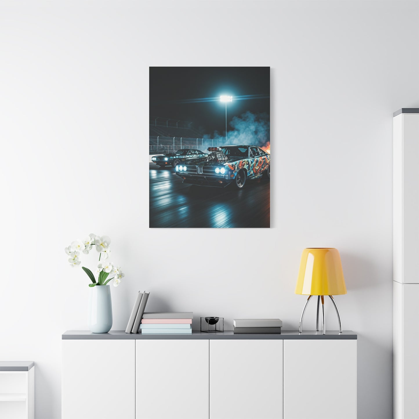1970 Dodge Charger R/T vs 1970 Plymouth Barracuda Night Drag Duel Wall Art & Canvas Prints