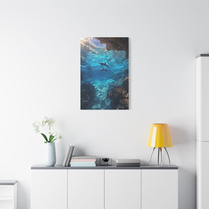 Dolphins Swimming Beneath Sunlit Ocean Waters Wall Art & Canvas Print