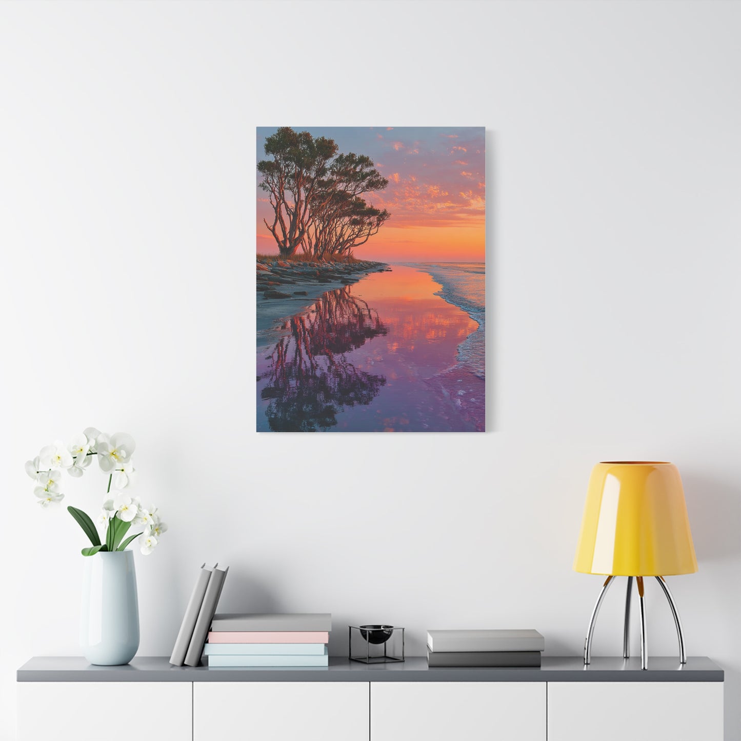 Driftwood Coastal Reflection Sunrise Wall Art & Canvas Print