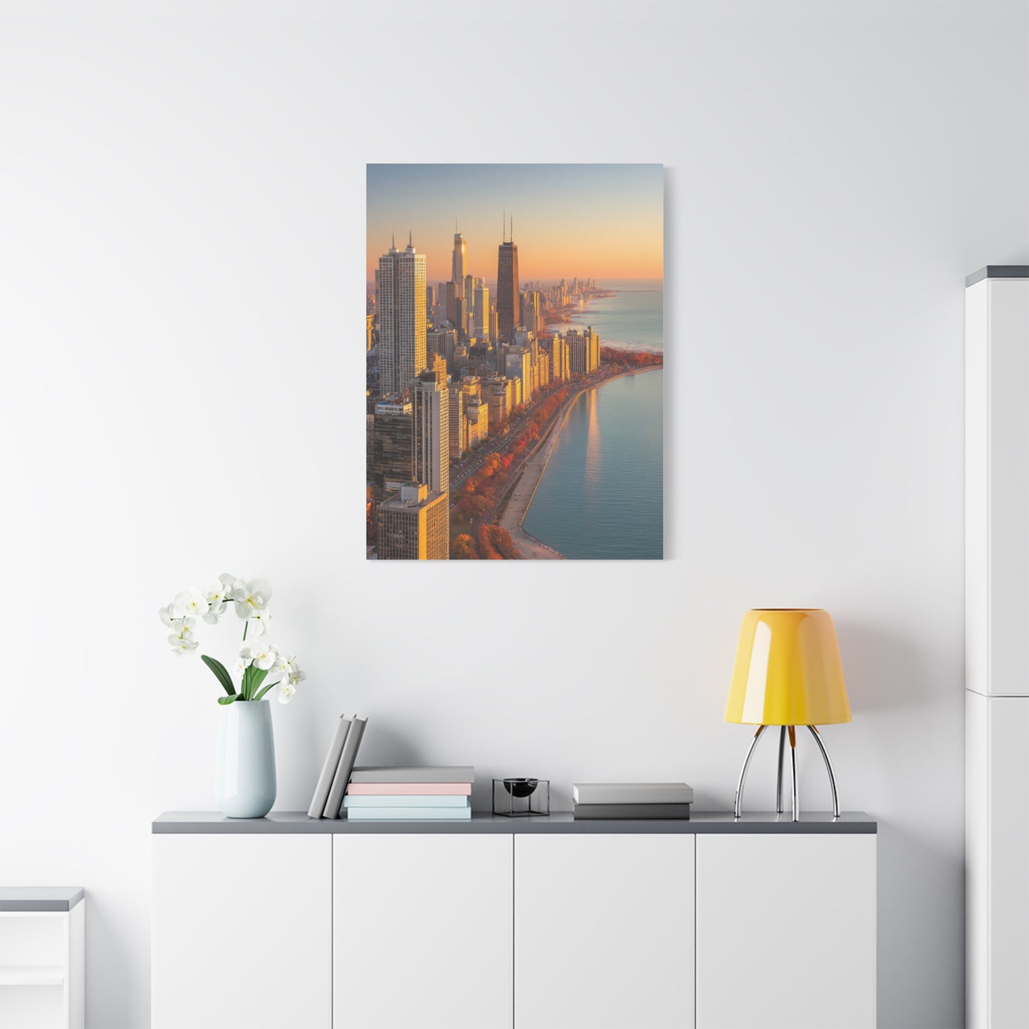 Chicago Skyline Autumn Sunset Along Lake Michigan Wall Art & Canvas Print