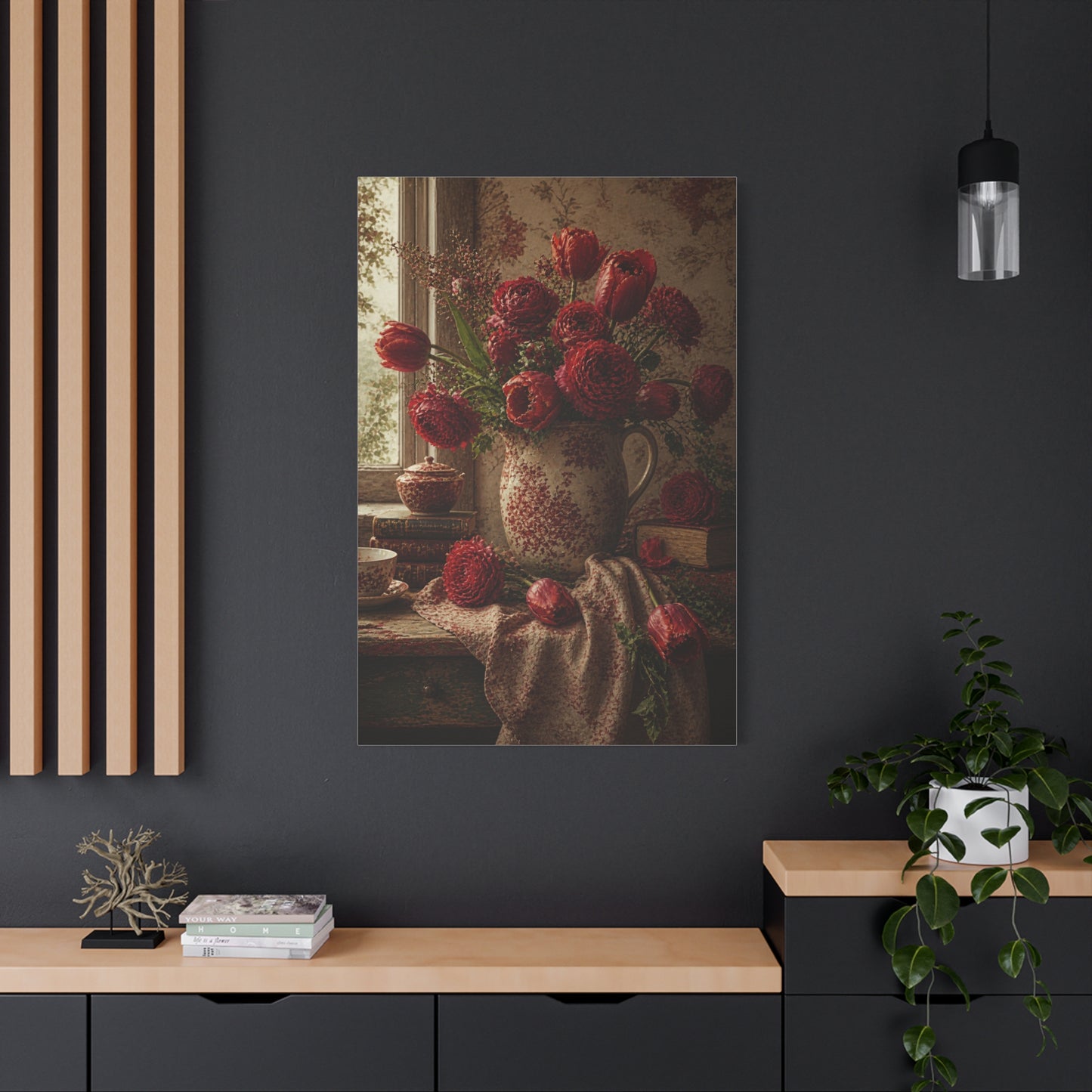 English Cottage Red Floral Still Life Wall Art & Canvas Print