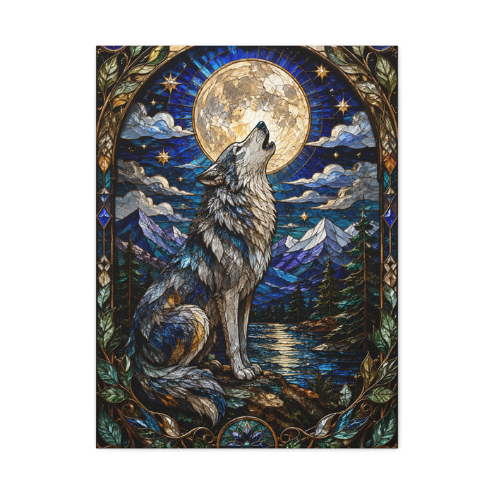 Stained Glass Moonlit Wolf Landscape Wall Art & Canvas Print
