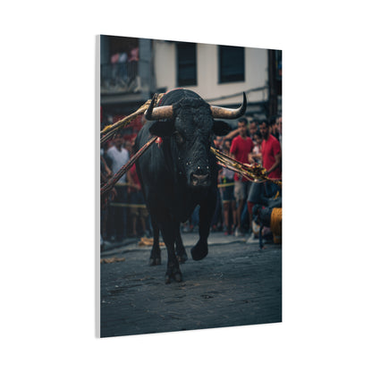 Bull Guided Through Festival Streets Wall Art & Canvas Print