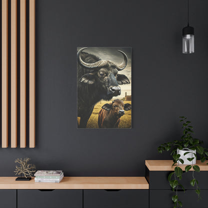 Cape Buffalo Herd Leader with Savannah Background Wall Art & Canvas Print