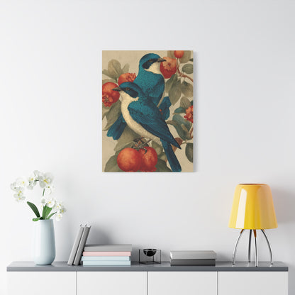 Blue Folk Birds Pomegranate Wall Art & Canvas Print