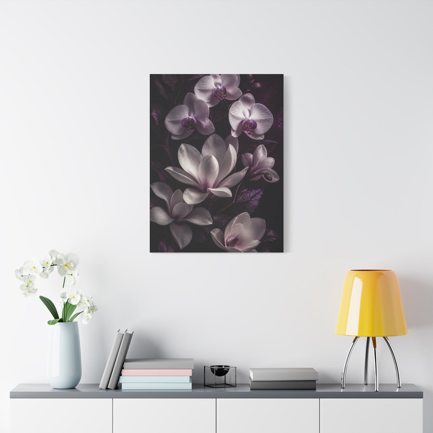 White Orchid and Magnolia Night Floral Wall Art & Canvas Print