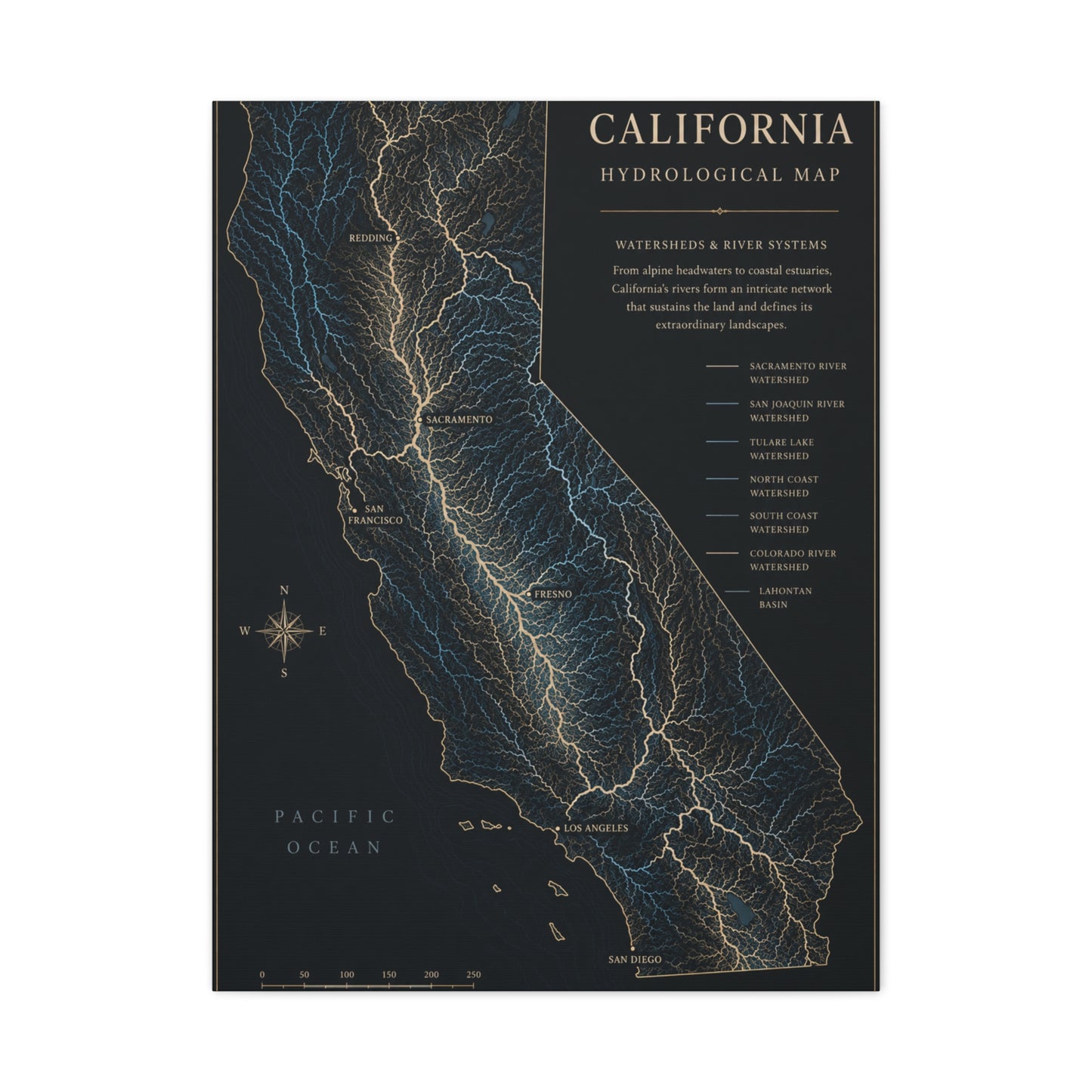 California Hydrological Watershed Map Wall Art & Canvas Print