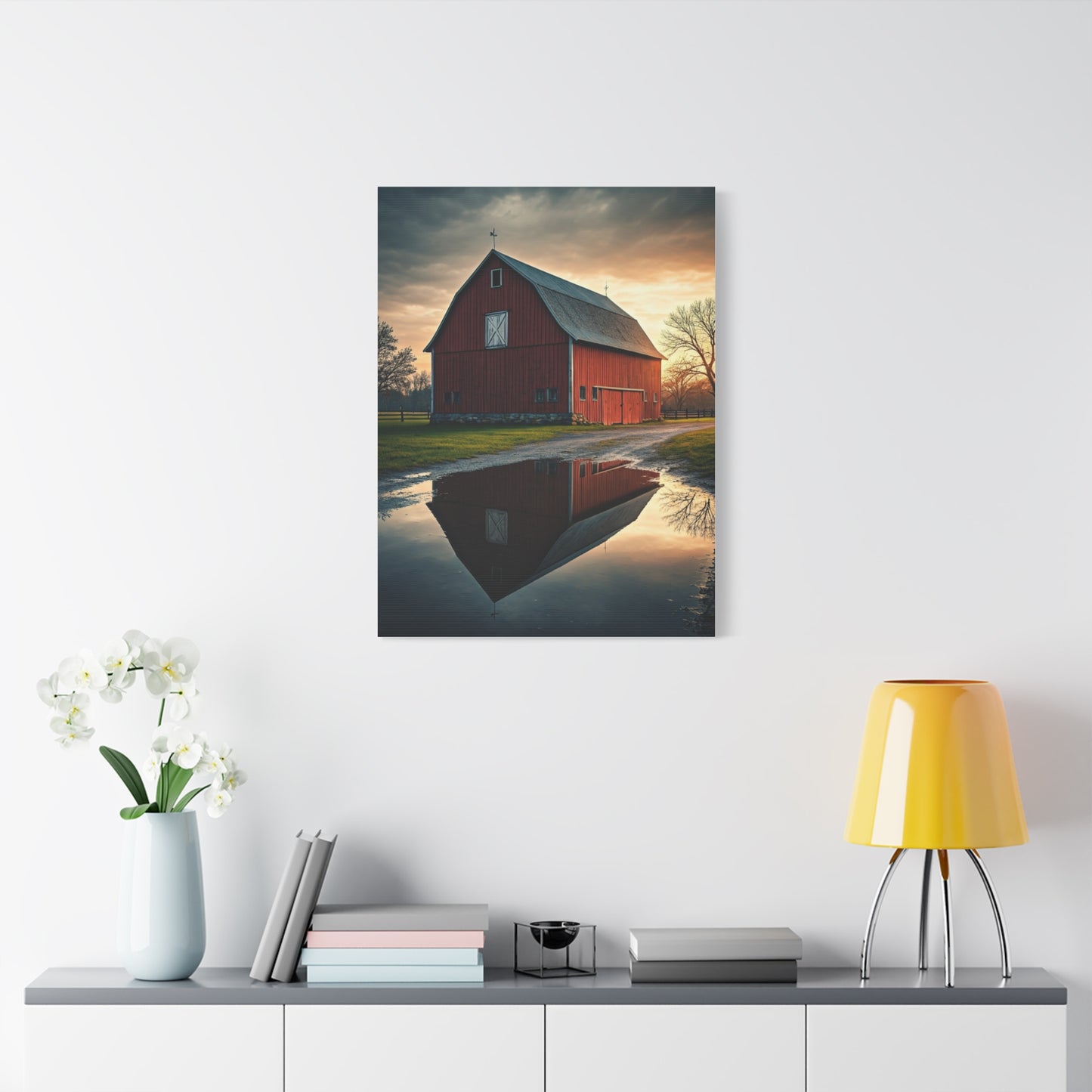 Reflected Red Barn at Dusk Wall Art & Canvas Prints