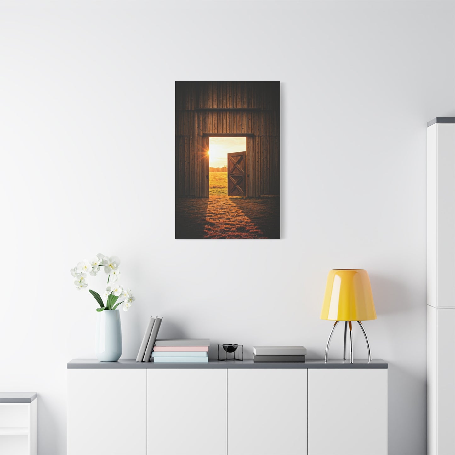 Open Barn Door at Sunrise Wall Art & Canvas Prints