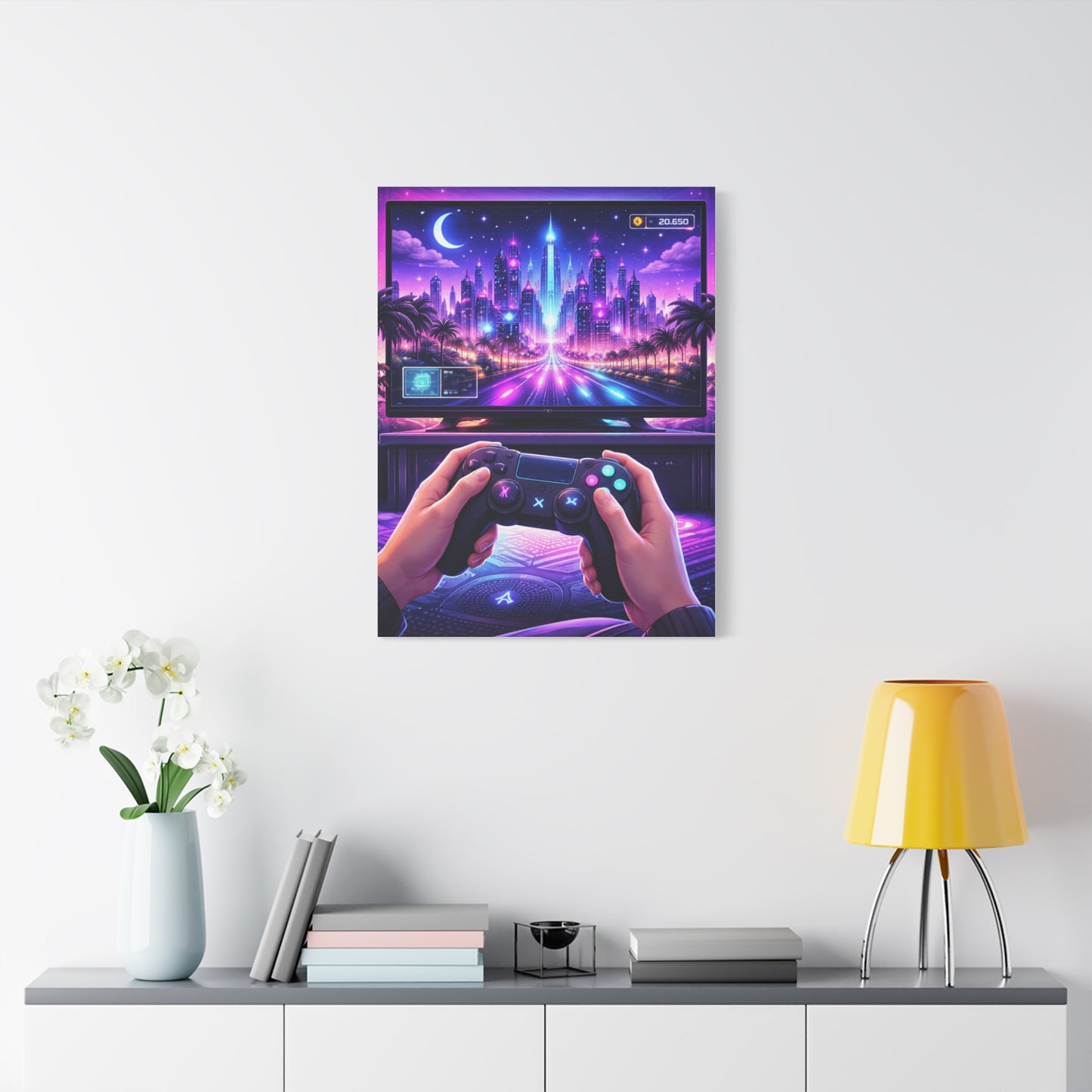 Neon Gamer Cityscape Wall Art & Canvas Print