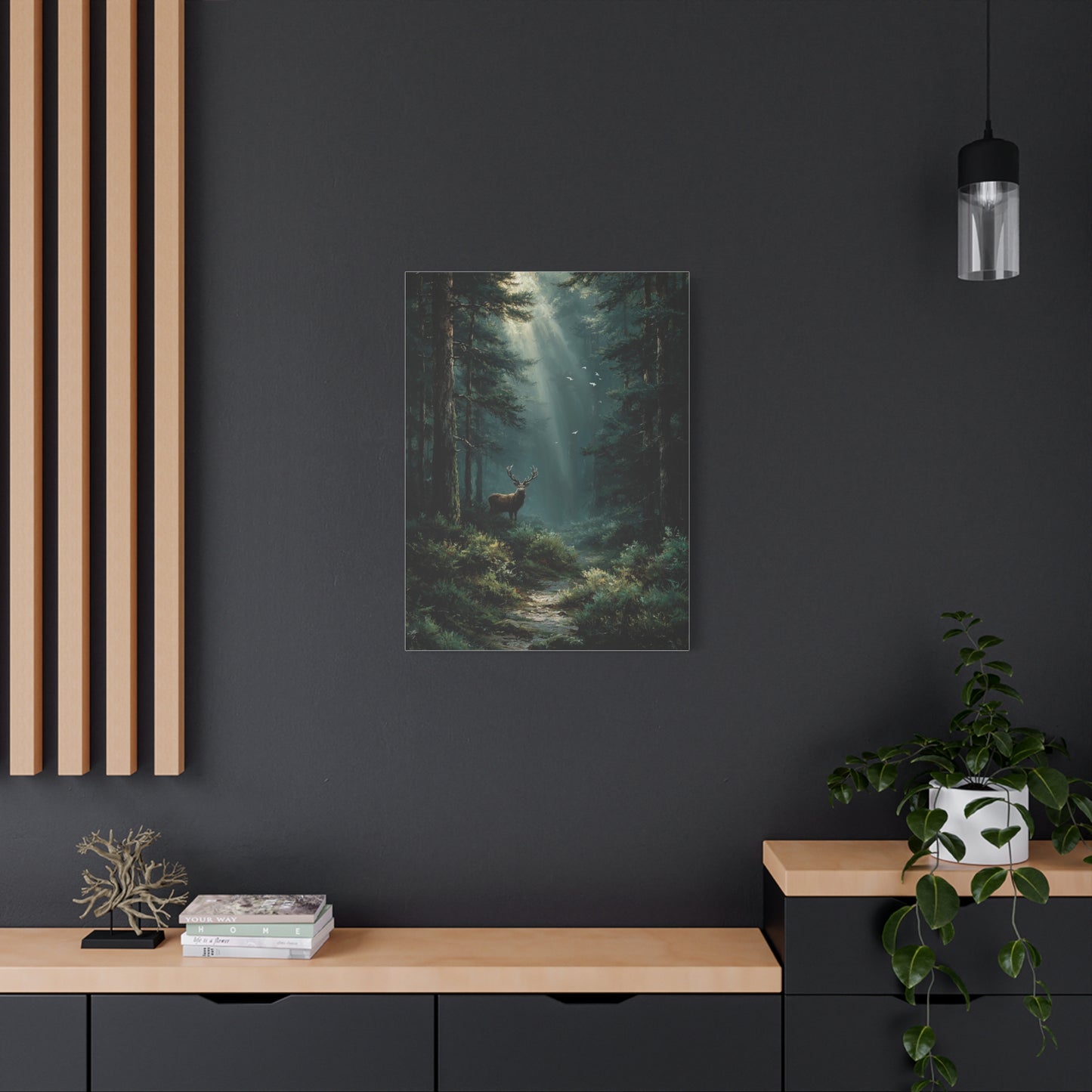 Sunlit Evergreen Forest Stag Wall Art & Canvas Print