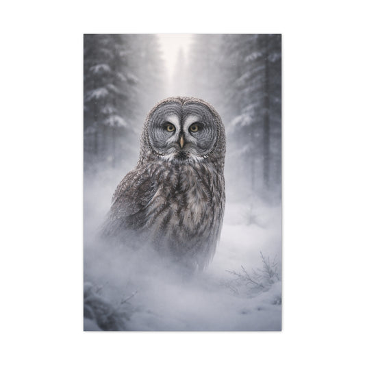 Great Grey Owl Winter Mist Portrait Wall Art & Canvas Print