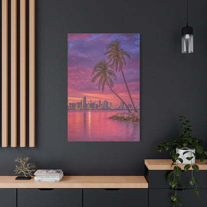 Miami Skyline Tropical Sunset With Palm Trees Wall Art & Canvas Print