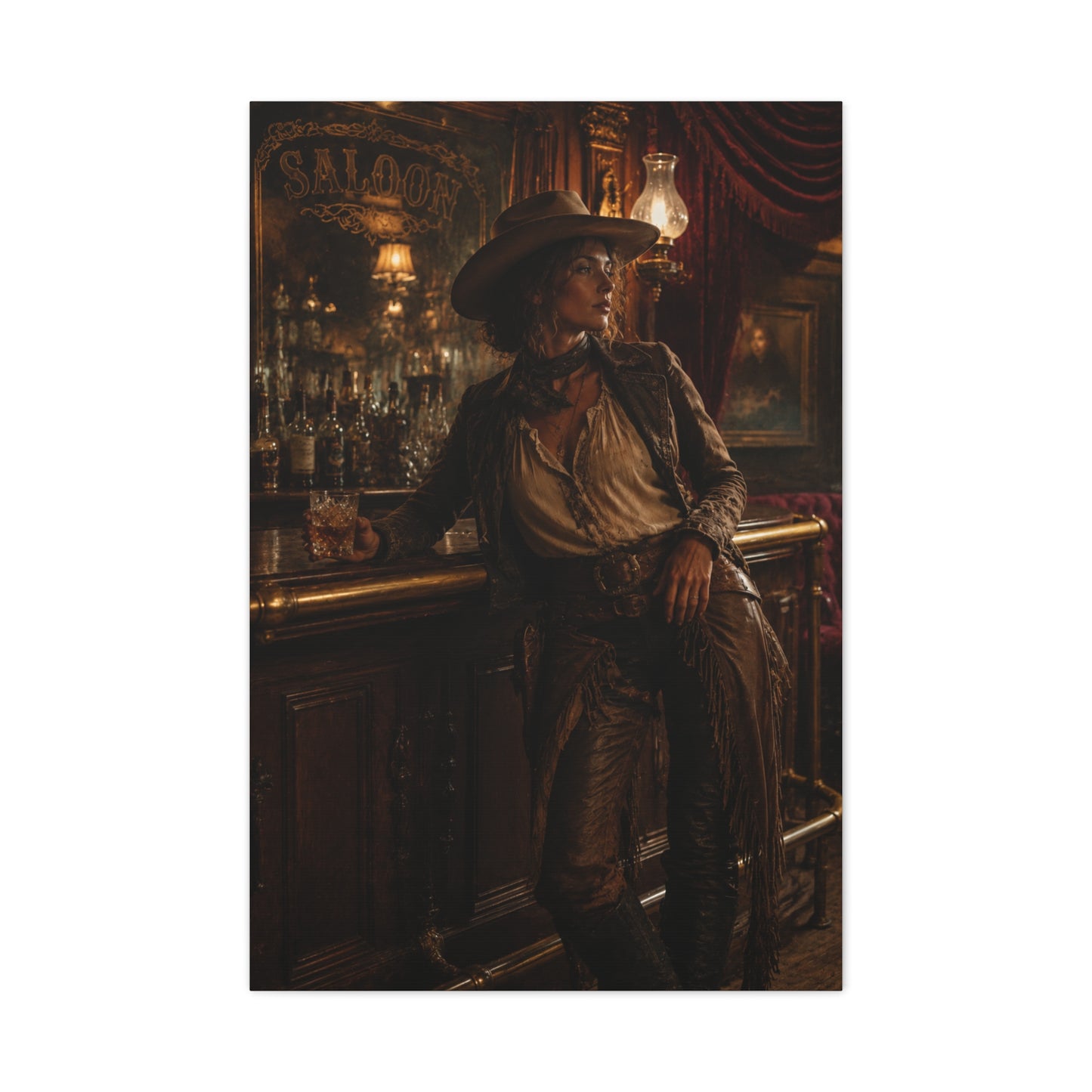 Saloon Cowgirl Cinematic Bar Scene Wall Art & Canvas Print