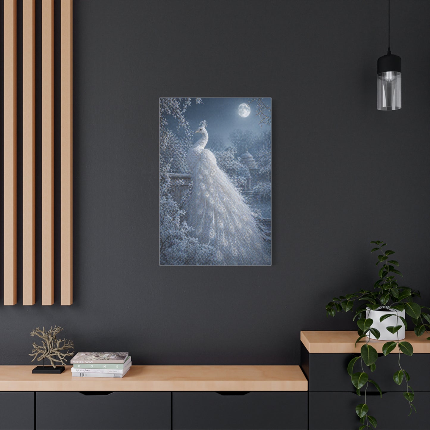 Snowy Moonlit White Peacock Wall Art & Canvas Print