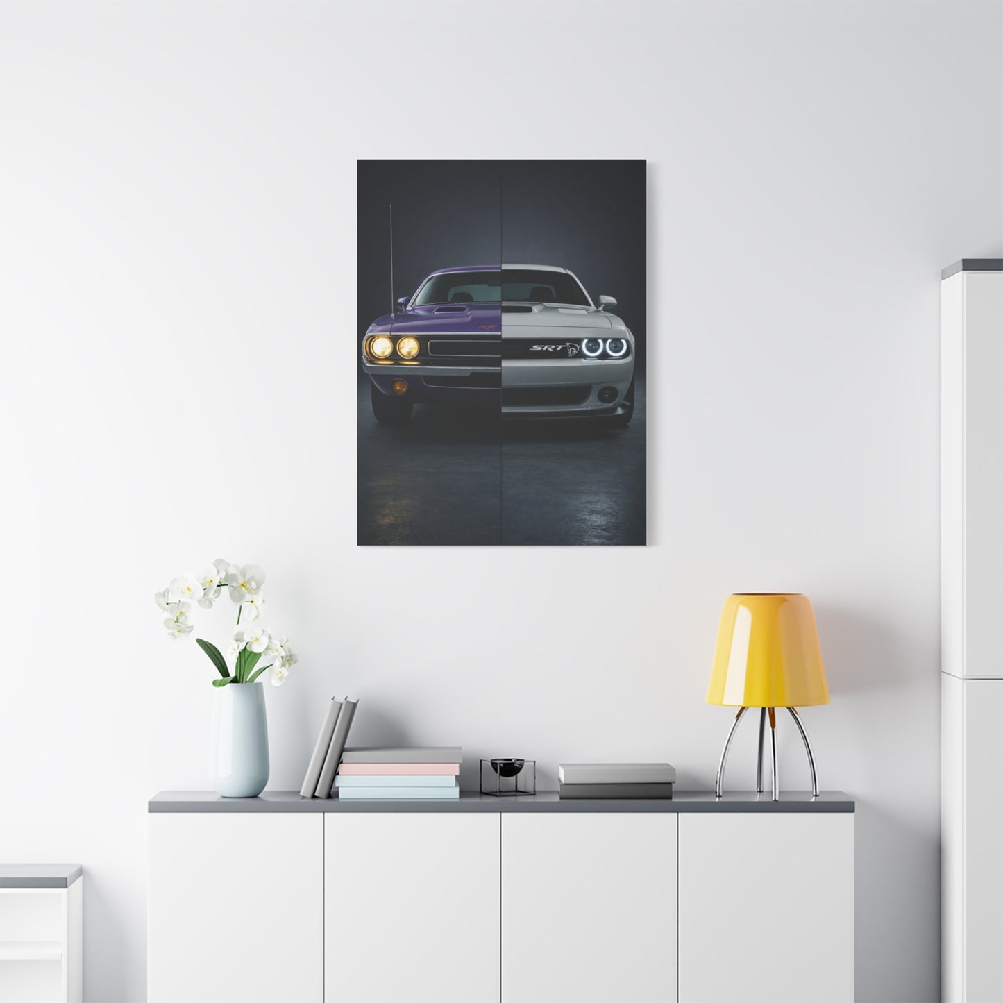 Dodge Challenger Heritage Split 1970 vs Modern SRT Wall Art & Canvas Prints