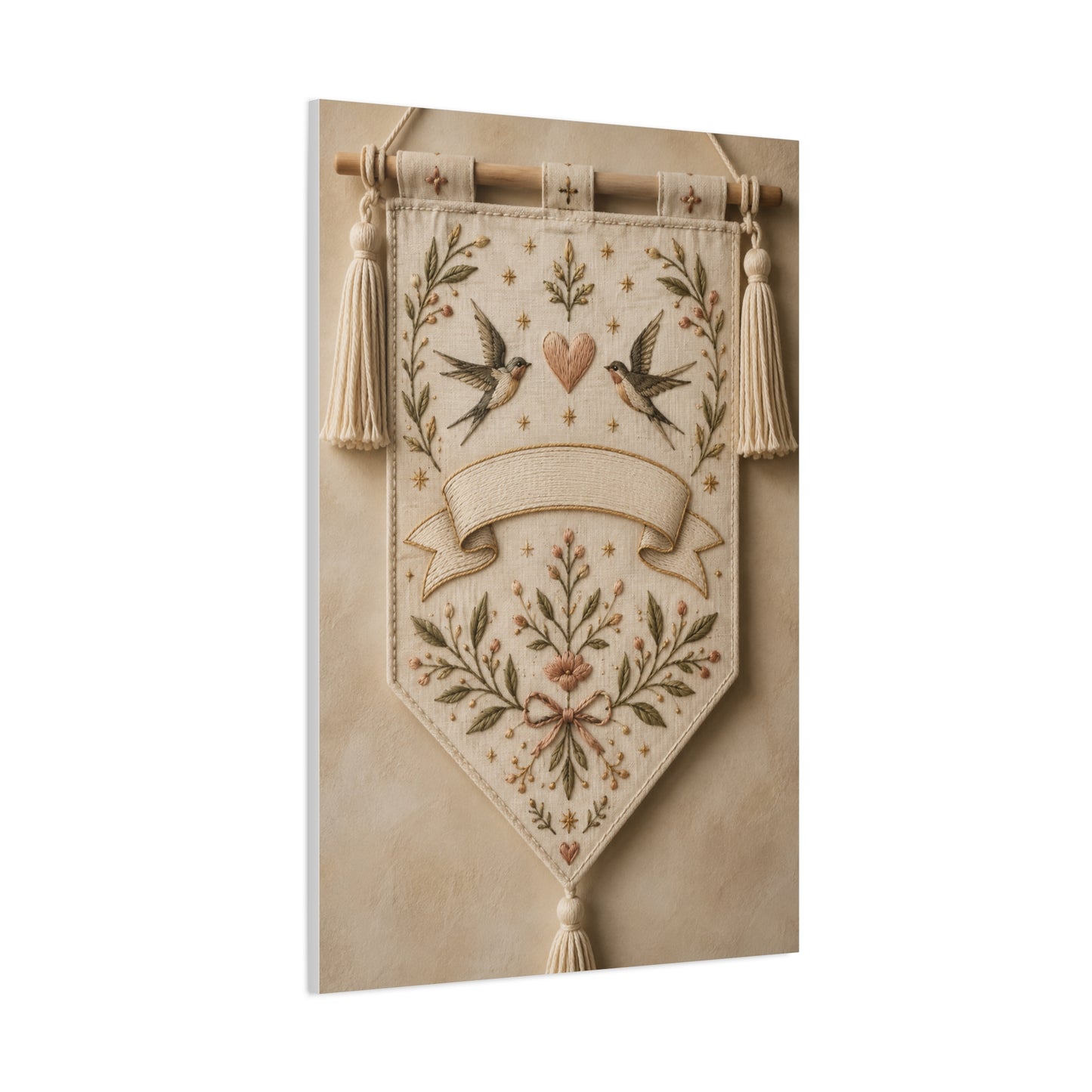 Hand-Embroidered Romantic Birds Textile Wall Art & Canvas Print