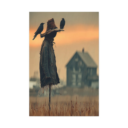Old Scarecrow in Harvest Field with Crows Wall Art & Canvas Print