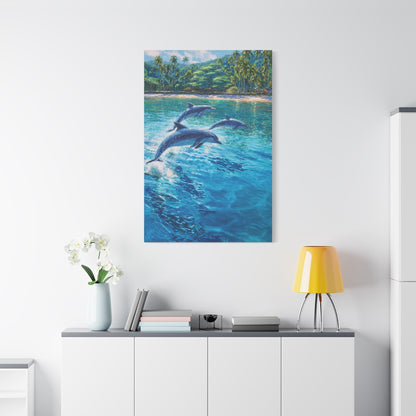 Dolphins Leaping Near Tropical Coastline Wall Art & Canvas Print