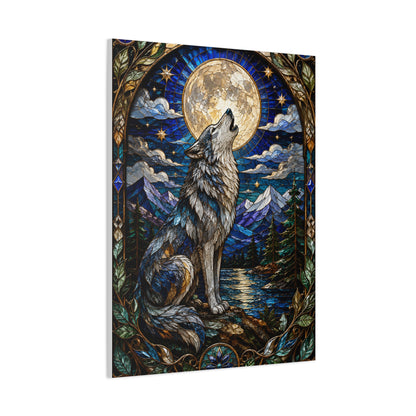 Stained Glass Moonlit Wolf Landscape Wall Art & Canvas Print