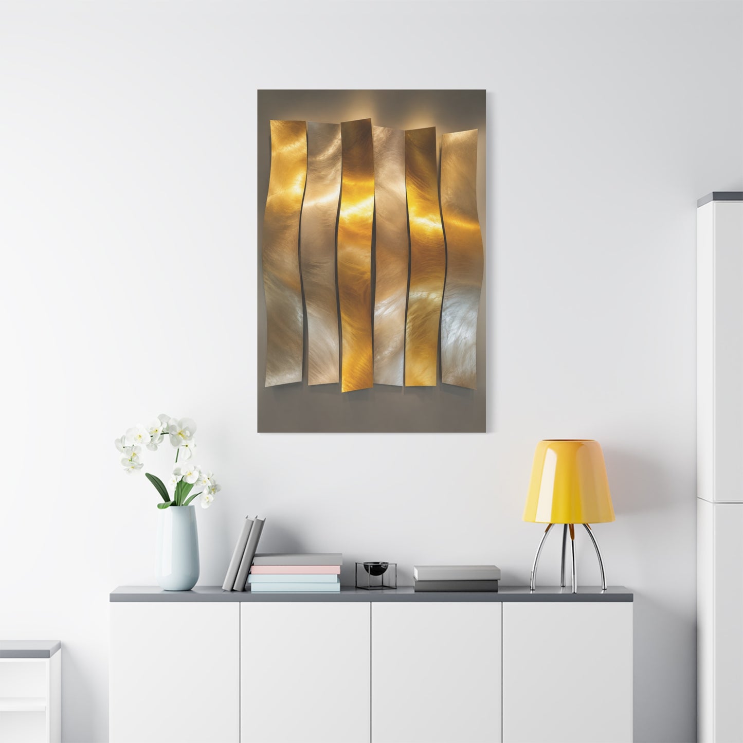 Polished Gold Panel Sculptural Wave Installation Wall Art & Canvas Print