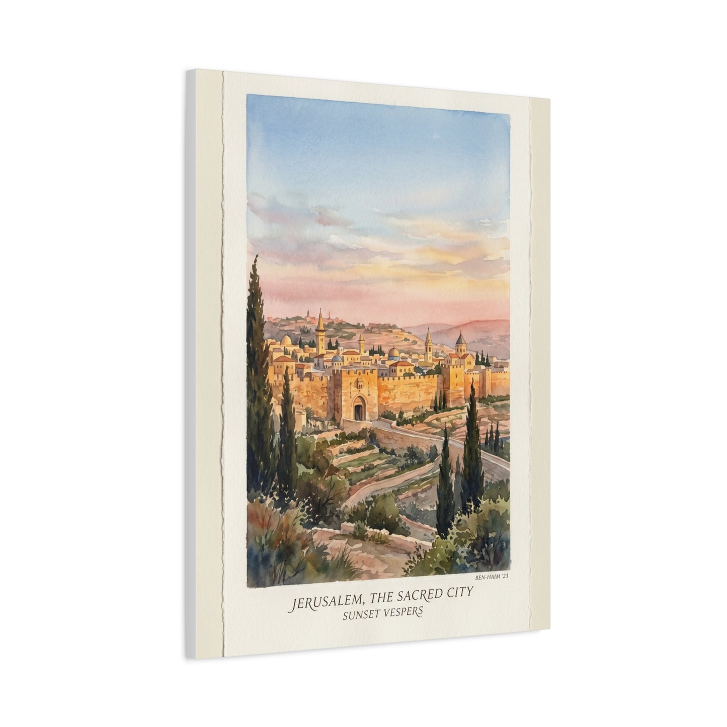 Jerusalem Sunset Watercolor Landscape Wall Art & Canvas Print