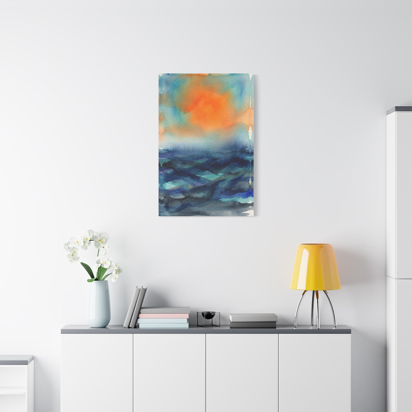 Abstract Orange Sky Over Watercolor Landscape Wall Art & Canvas Print
