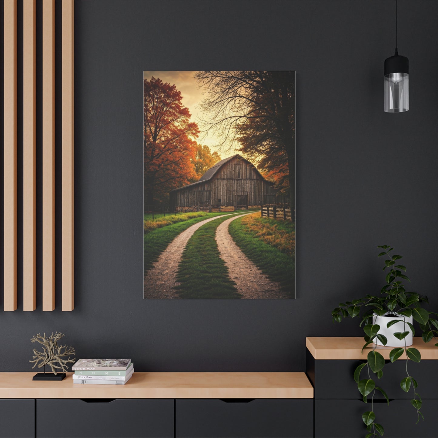 Autumn Barn Road at Golden Hour Wall Art & Canvas Prints