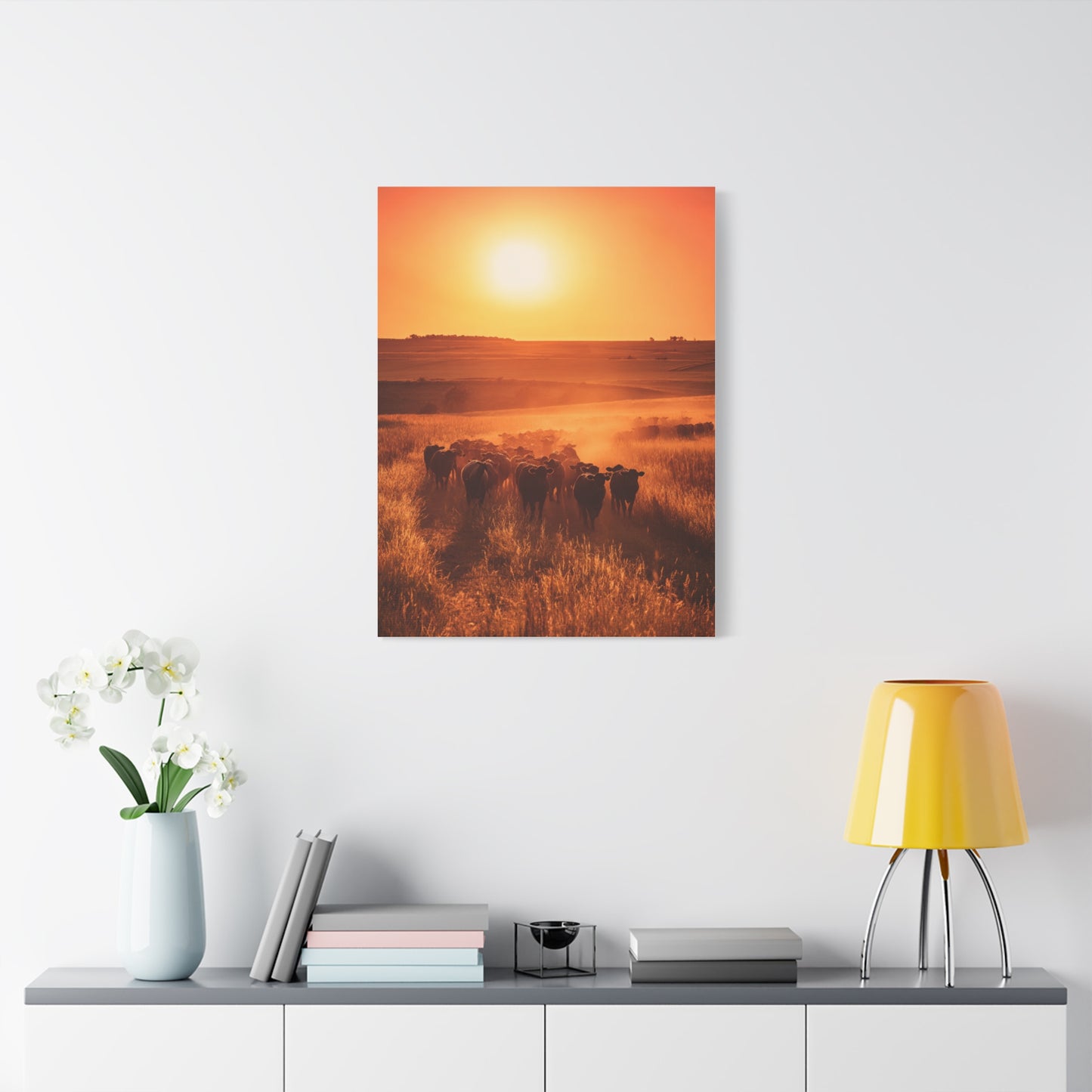 Golden Sunset Cattle Trail Wall Art & Canvas Print