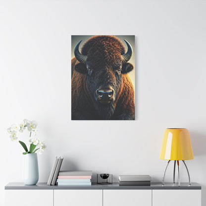 Classic Frontal American Bison Portrait with Soft Neutral Backdrop Wall Art & Canvas Print