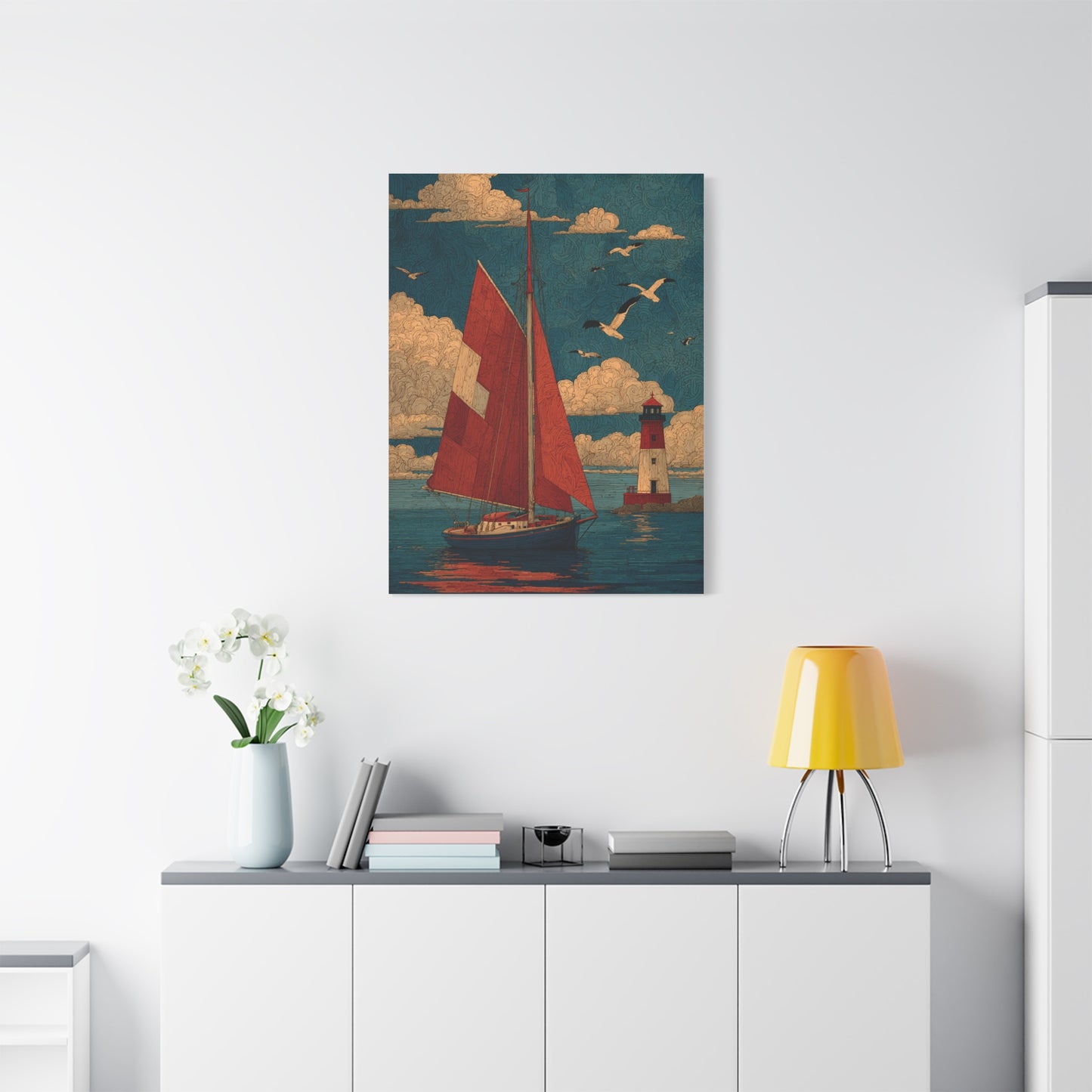 Primitive Coastal Sailboat Folk Wall Art & Canvas Print