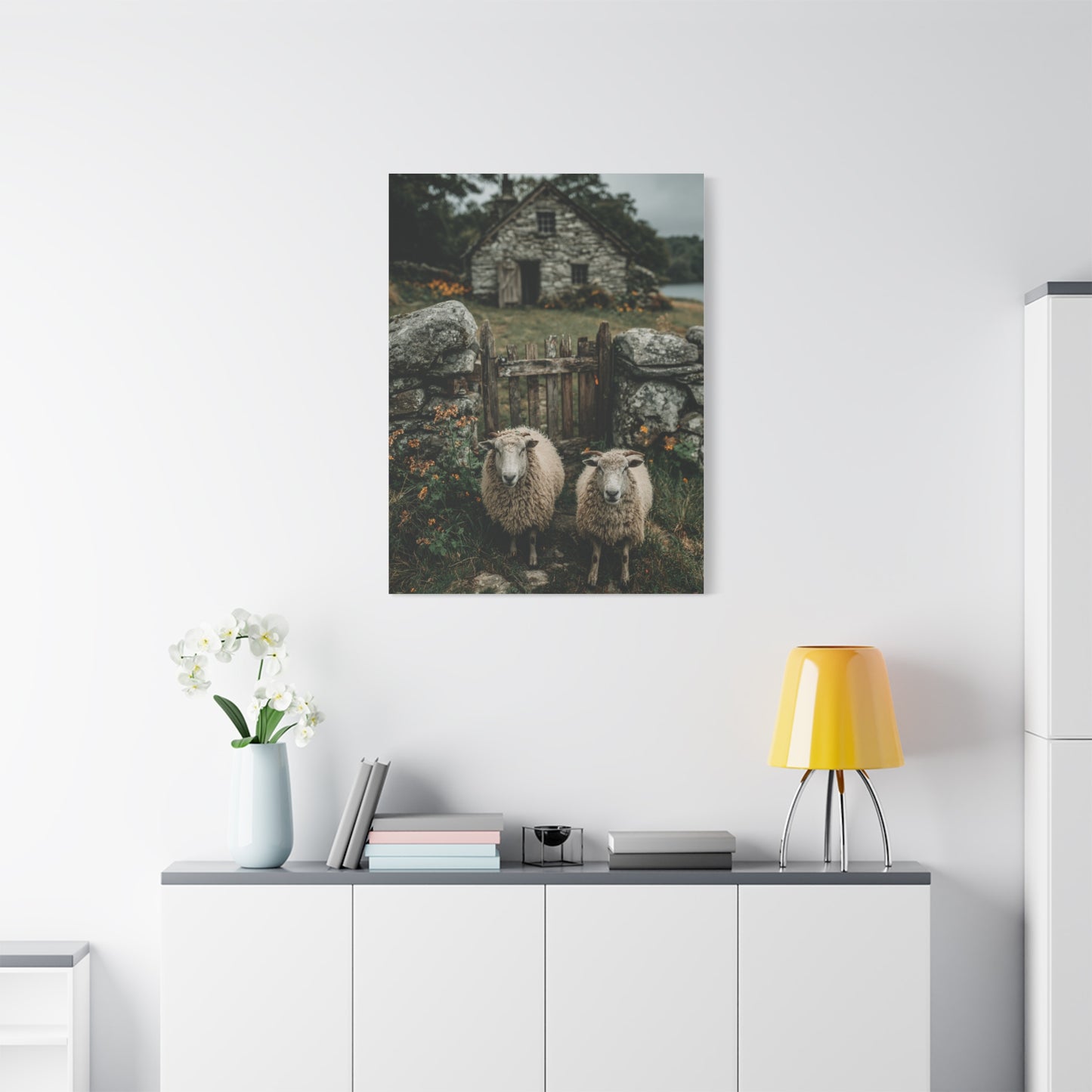 Sheep at Farmhouse Gate Wall Art & Canvas Print