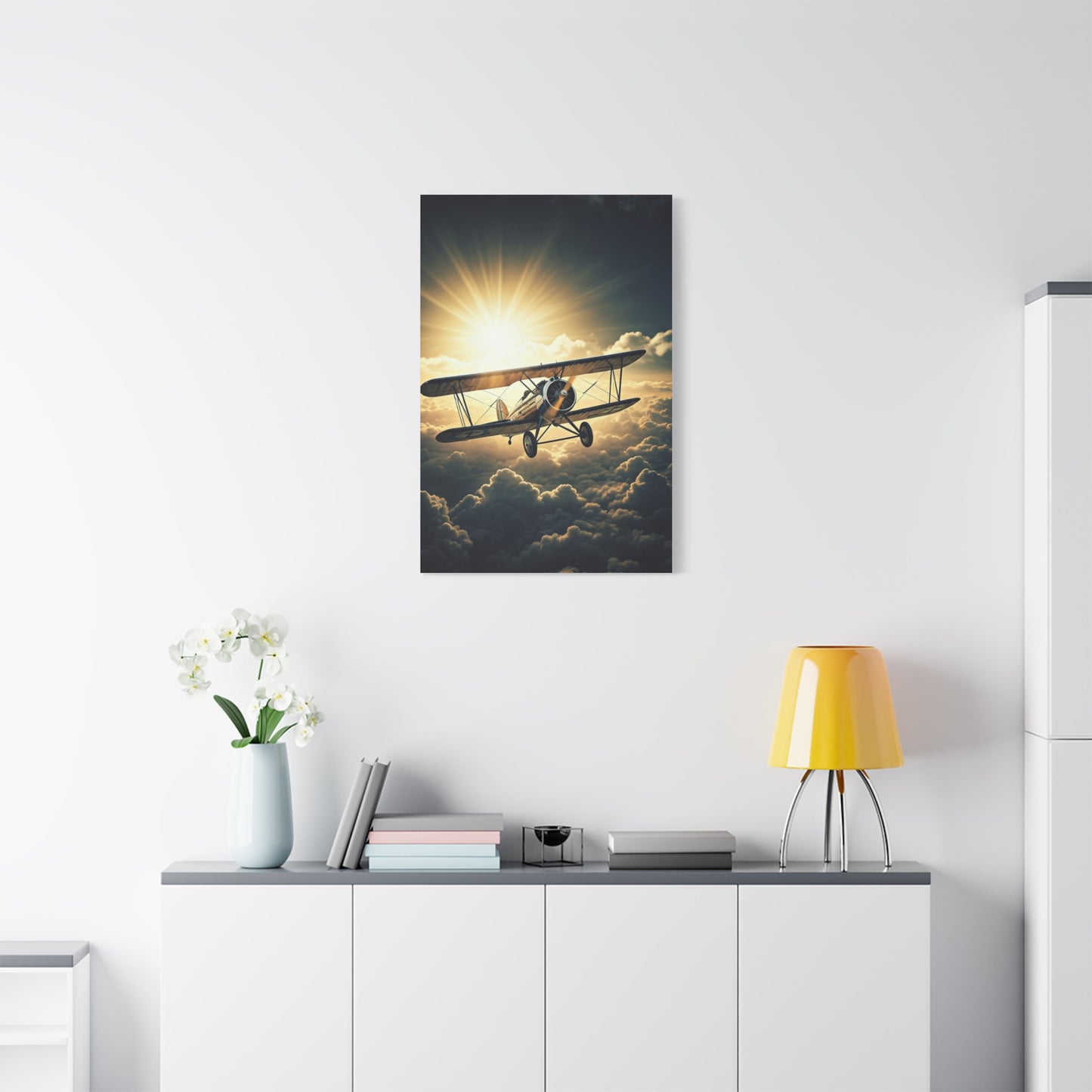 Sunlit Biplane Above the Clouds Wall Art & Canvas Prints