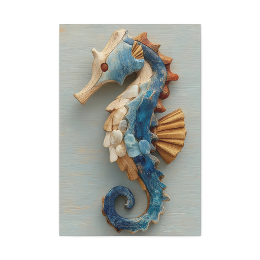 Driftwood Seahorse Coastal Sculpture Wall Art & Canvas Print