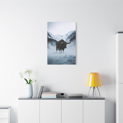 Lone Bull in Snowy Mountain Valley Wall Art & Canvas Print