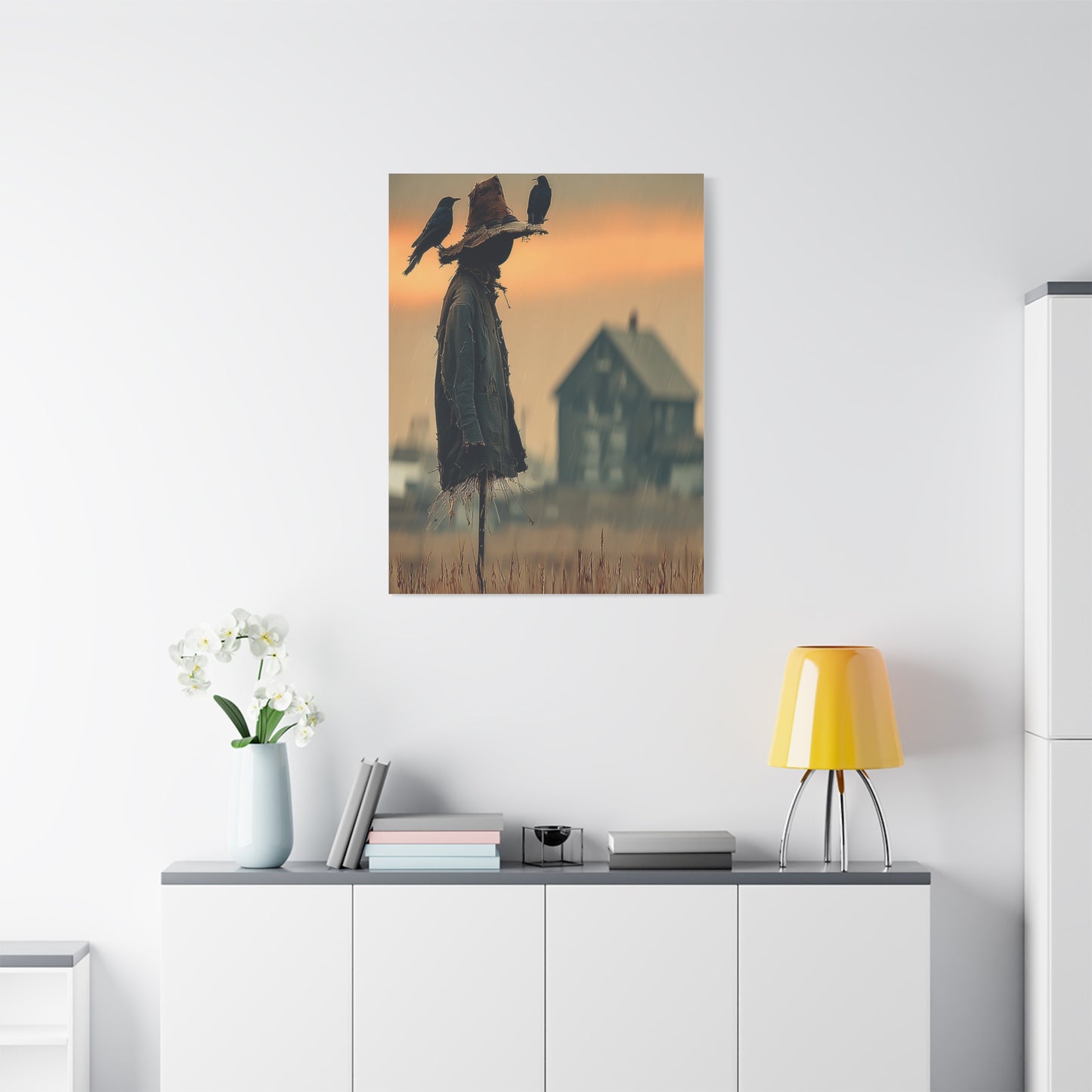 Old Scarecrow in Harvest Field with Crows Wall Art & Canvas Print