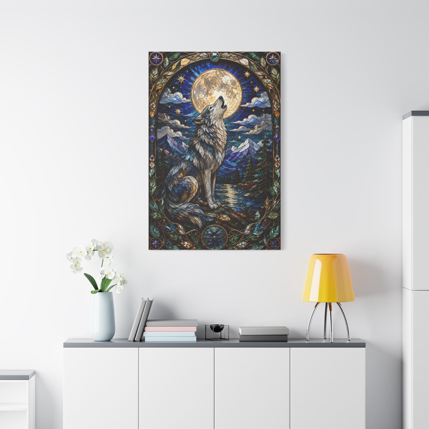Stained Glass Moonlit Wolf Landscape Wall Art & Canvas Print