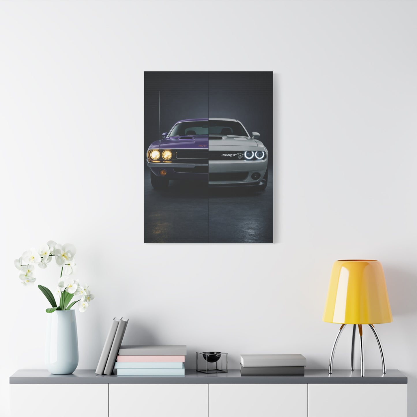 Dodge Challenger Heritage Split 1970 vs Modern SRT Wall Art & Canvas Prints