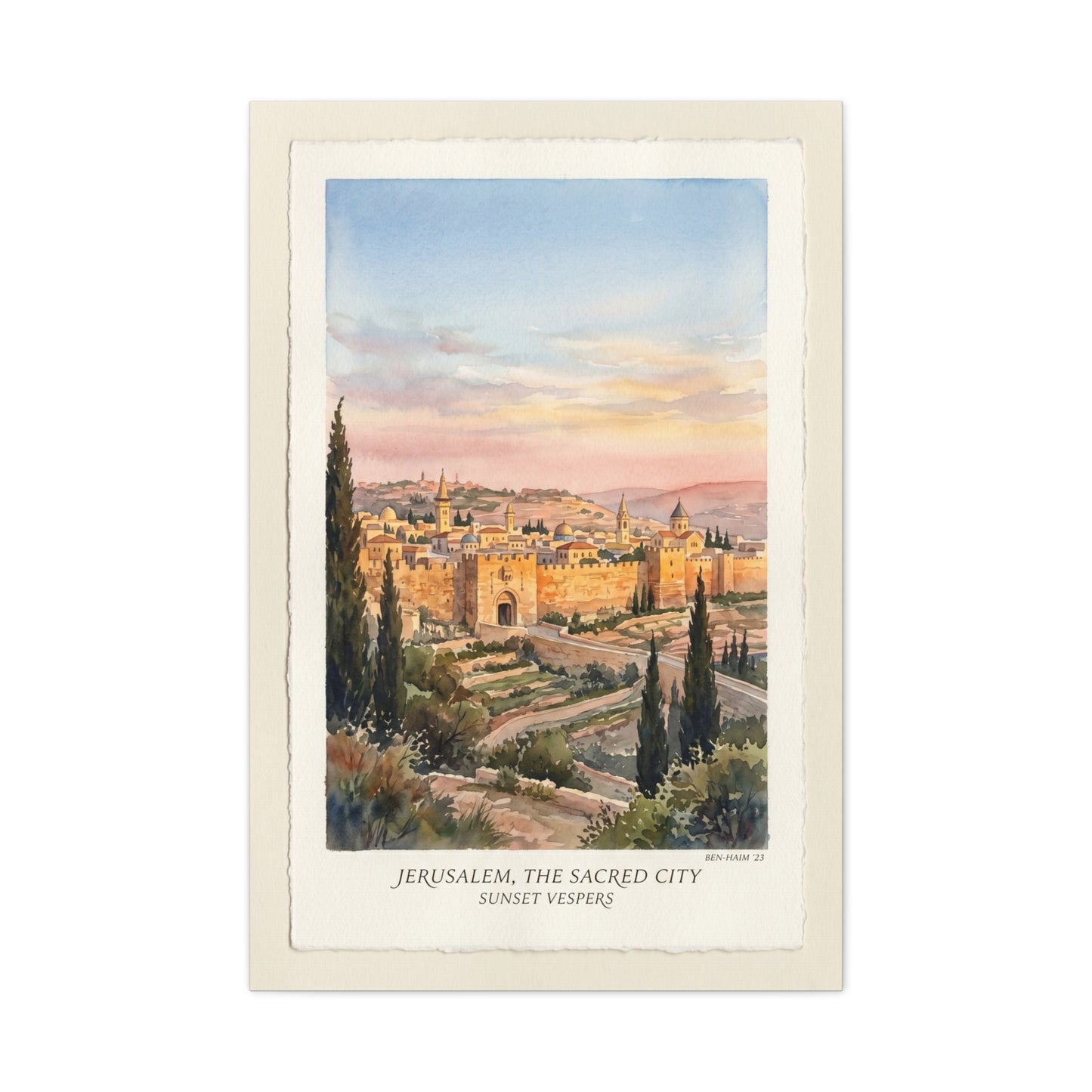 Jerusalem Sunset Watercolor Landscape Wall Art & Canvas Print