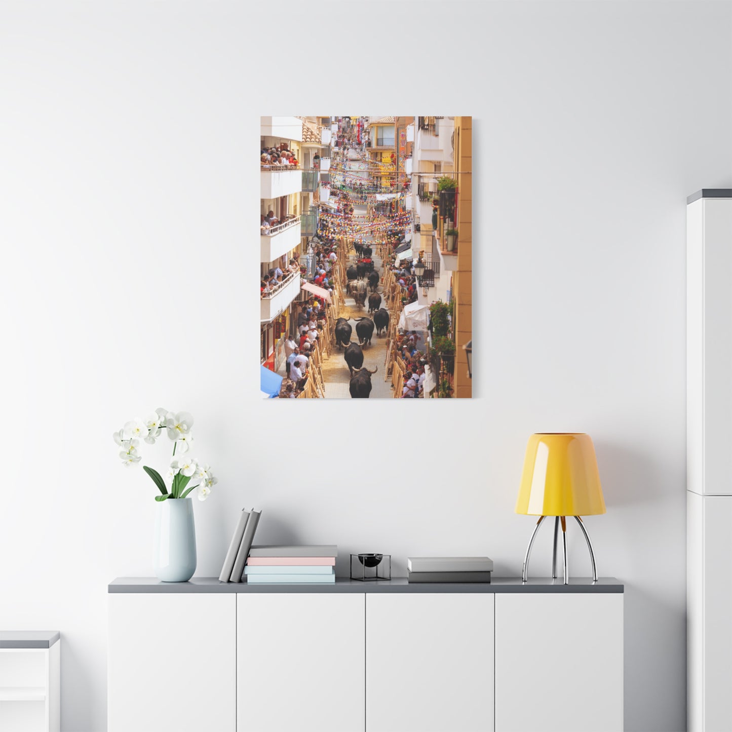 Spanish Village Bull Festival Street Scene Wall Art & Canvas Print