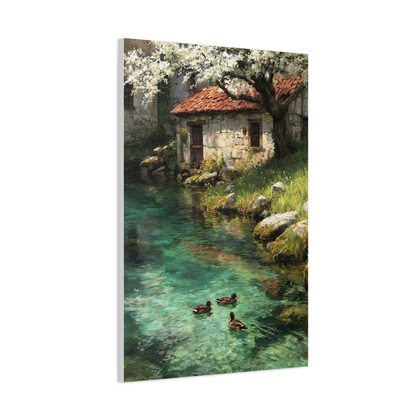 Spring Farmhouse Stream Scene Wall Art & Canvas Print