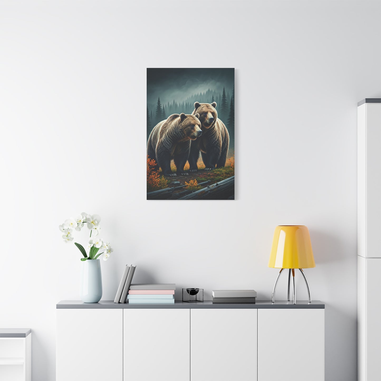 Twin Brown Bears in Misty Forest Wall Art & Canvas Prints