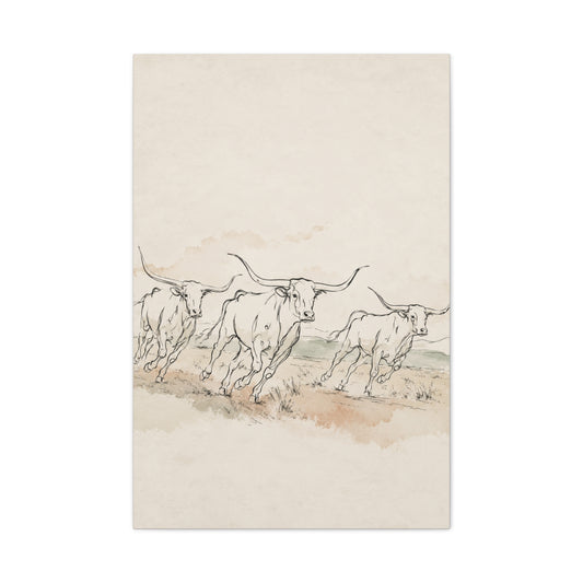 Running Longhorn Line Sketch Panorama Wall Art & Canvas Print